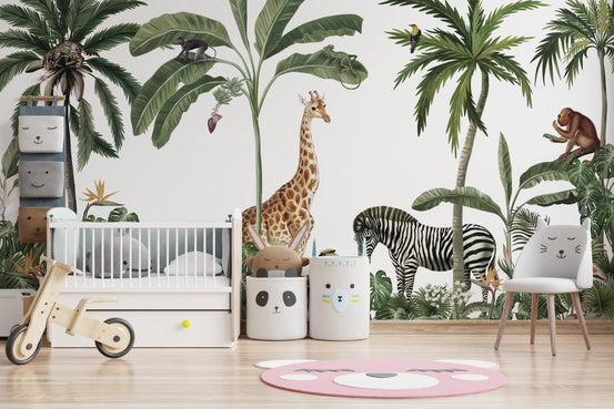 Tropical forest wild animals and trees wallpaper with giraffe and zebra.