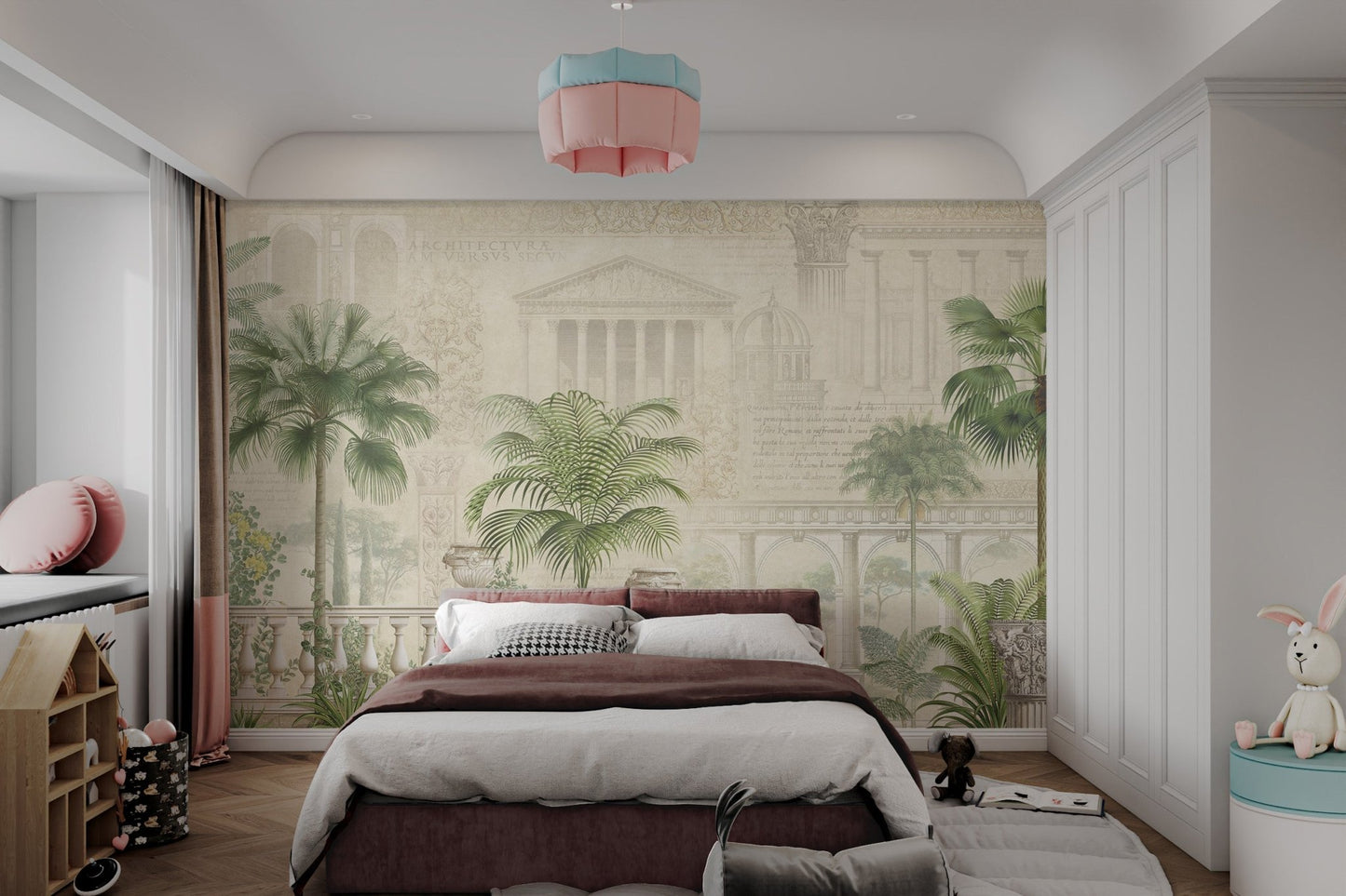 Detailed Corinthian column with green leaves wall mural in bright bedroom.