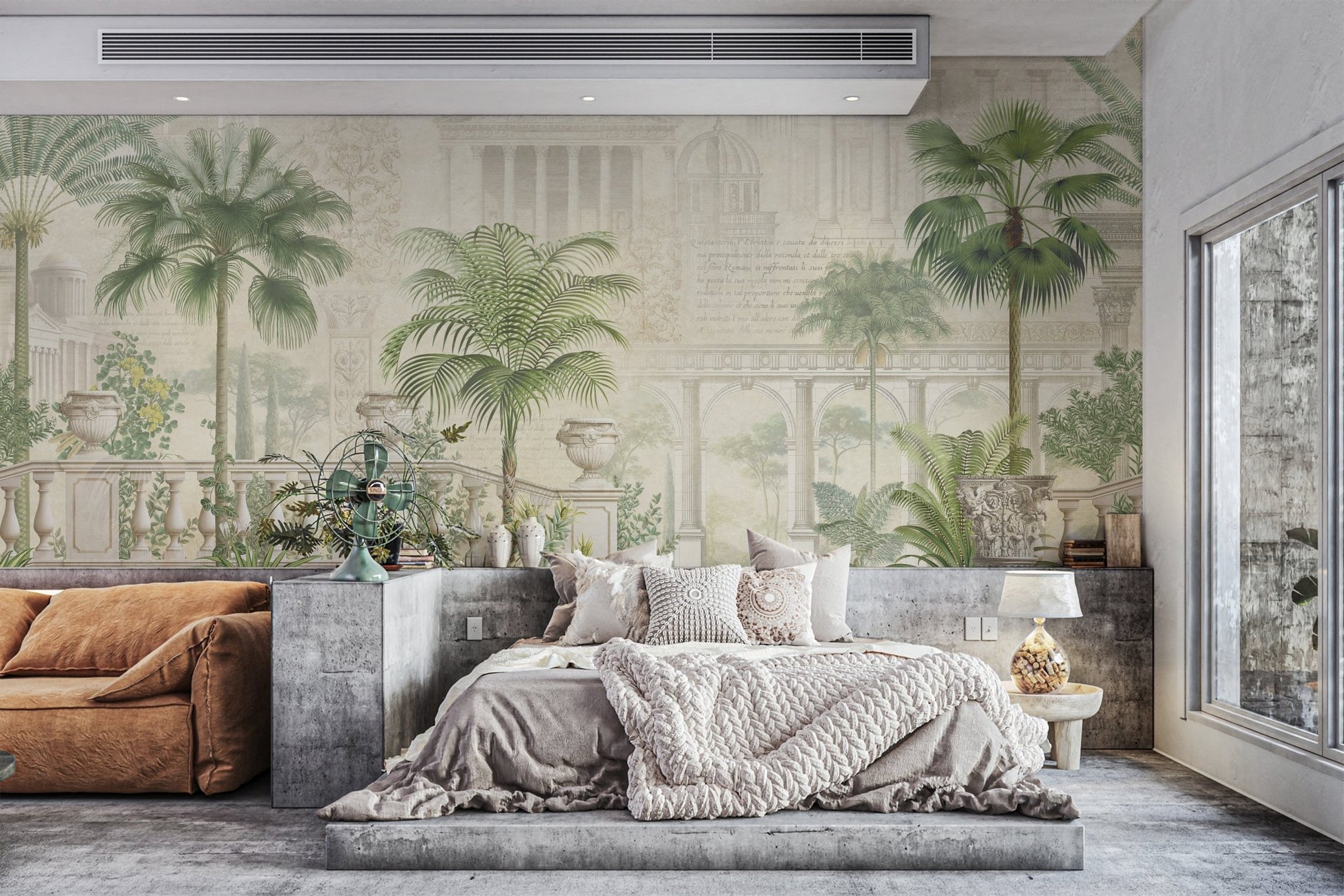Botanical garden with ancient ruins themed wall mural for living room.