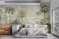 Botanical garden with ancient ruins themed wall mural for living room.