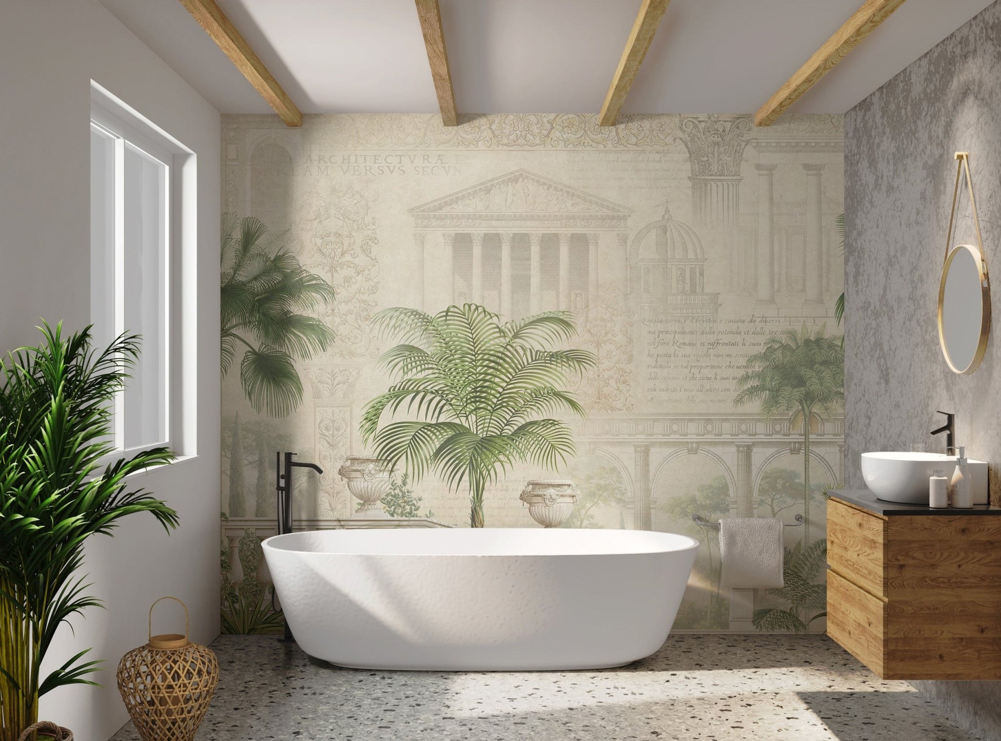 Beige Neoclassical arches and tropical foliage wall mural in bathroom.