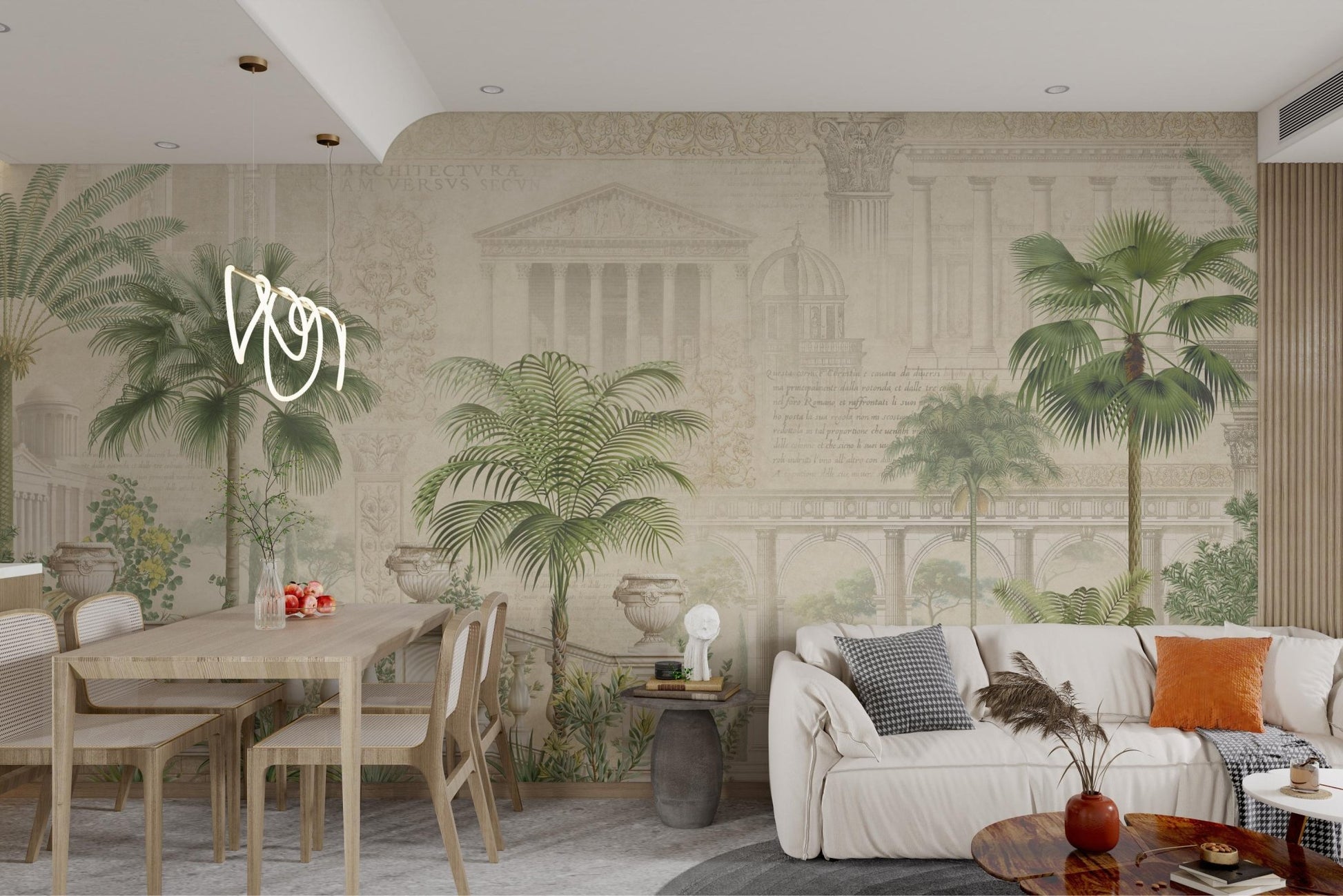 Vintage architectural sketch background wall mural with palm trees.