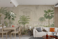 Vintage architectural sketch background wall mural with palm trees.
