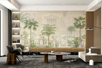 Antique balustrade with tropical plants wall mural art in office area.