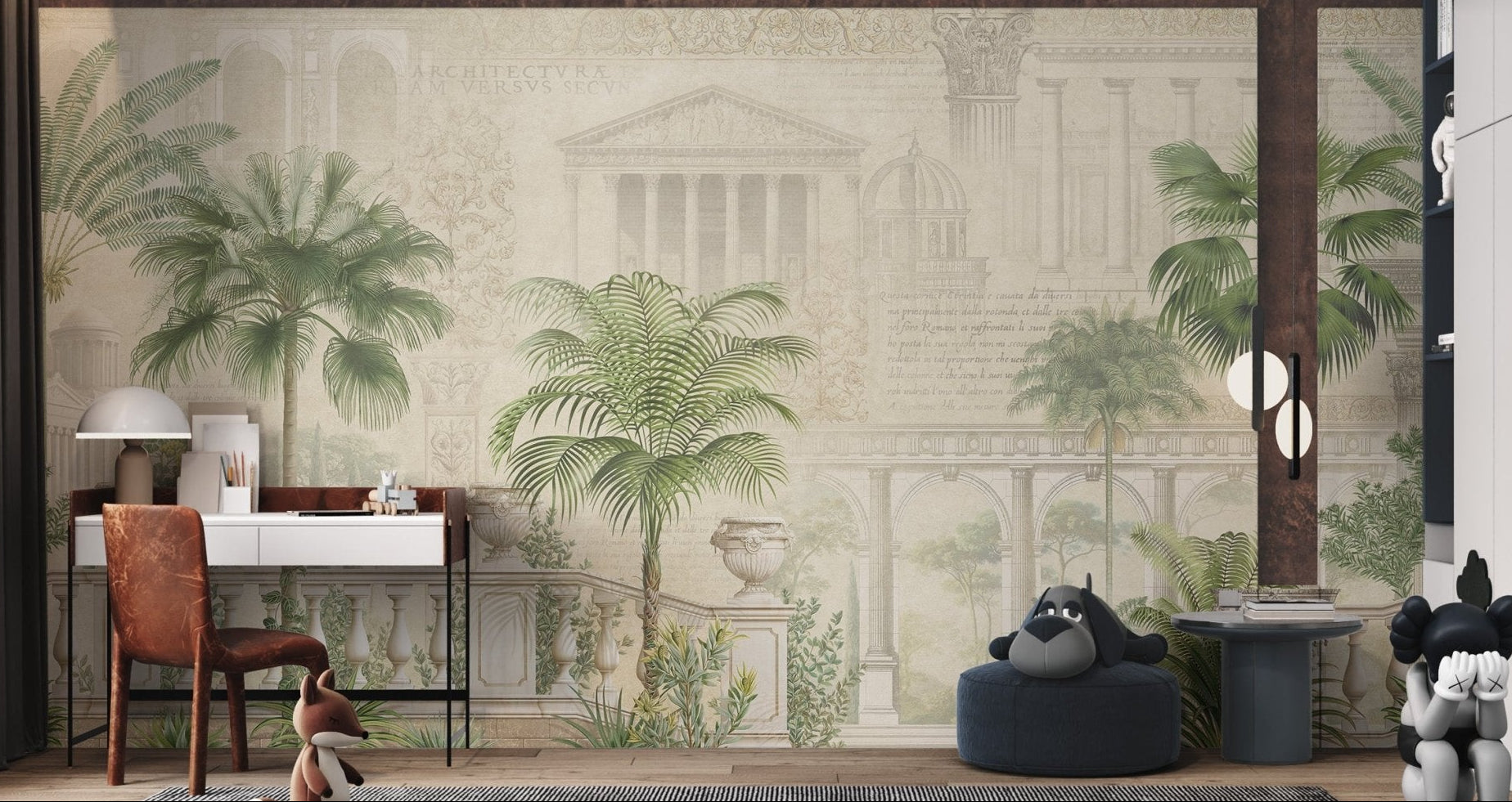 Classical stone balustrade with green palm trees wall mural in study area.
