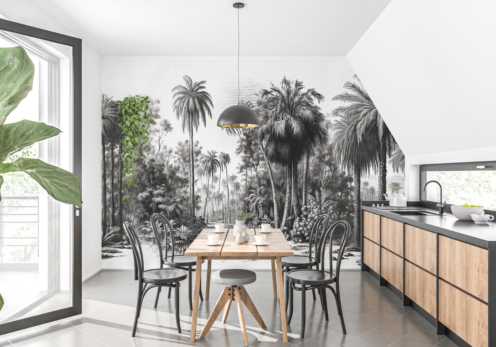 Dining room with Tropical Gray Forest Wall mural and wooden table with black chairs.