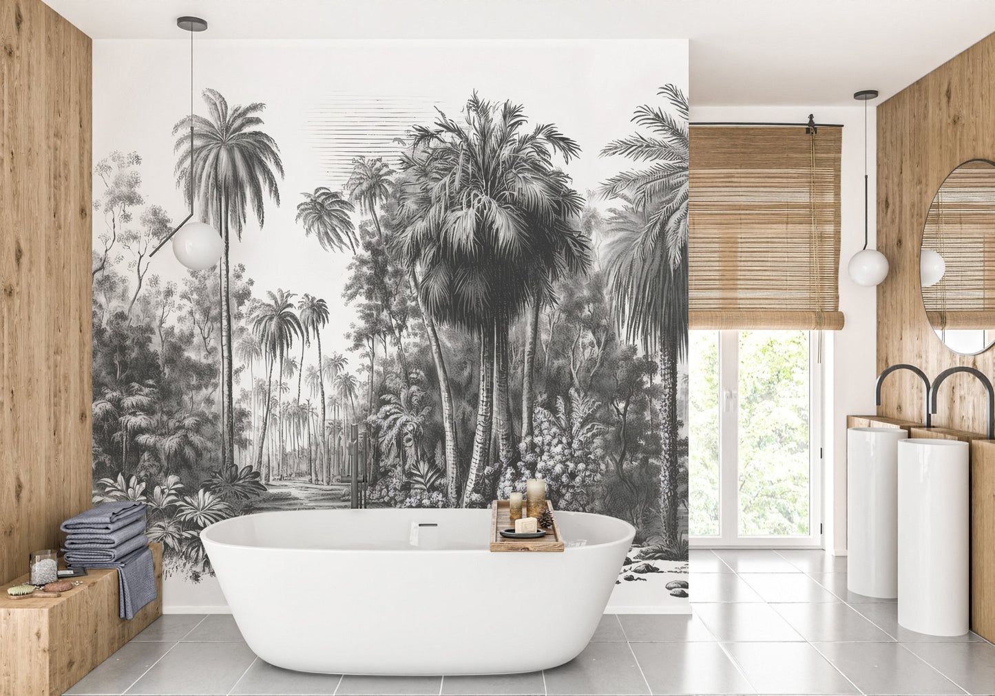 Bathroom featuring a white bathtub against a grey palm tree wall mural.