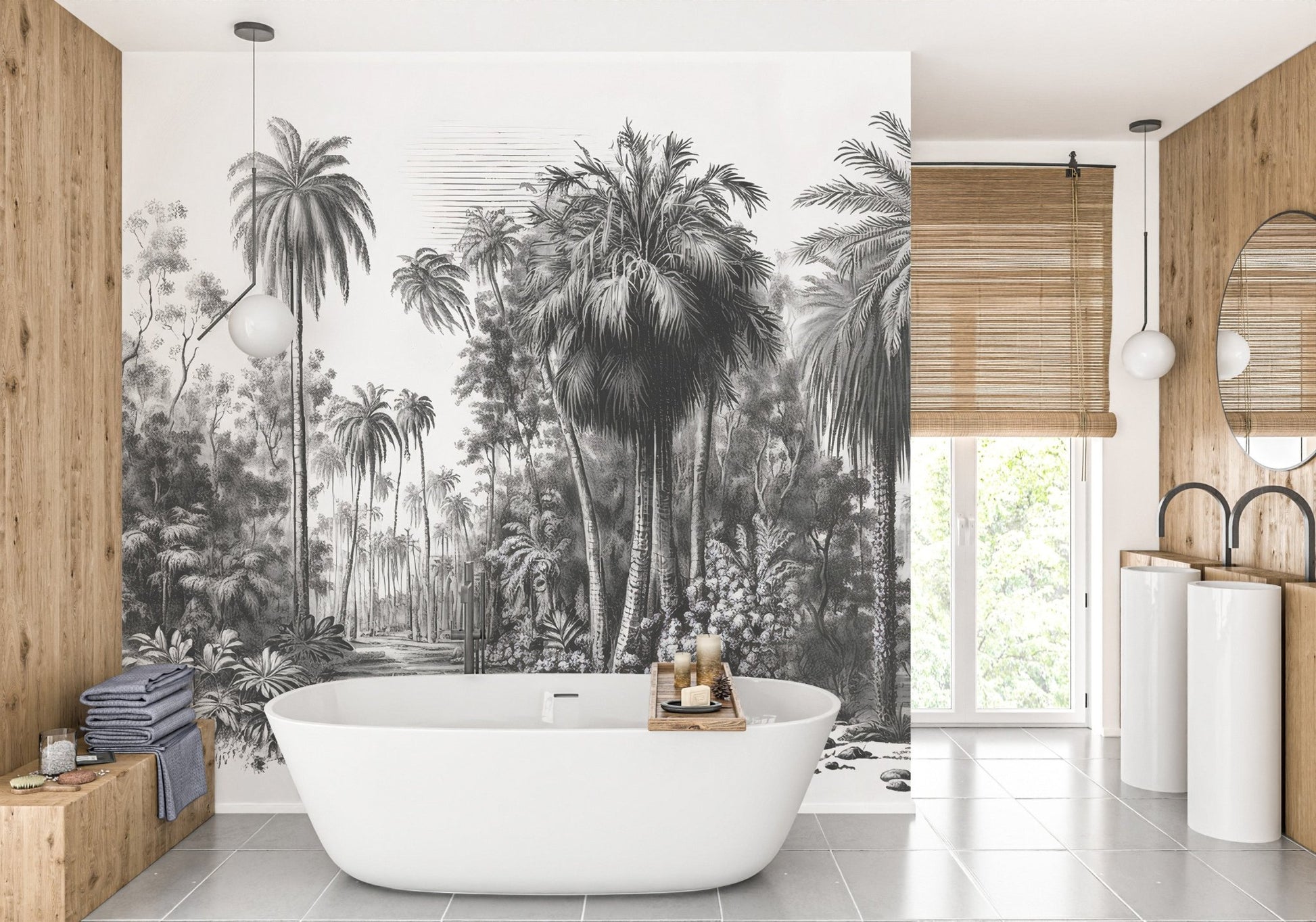 Bathroom featuring a white bathtub against a grey palm tree wall mural.
