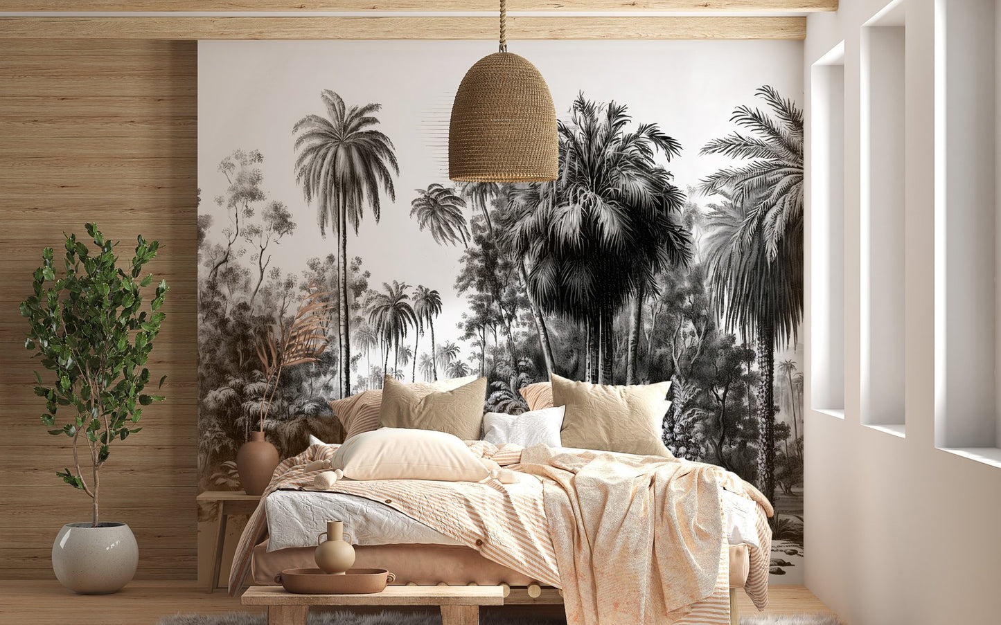 Bedroom with a wooden bed frame and a large Tropical Gray Forest Wall mural.
