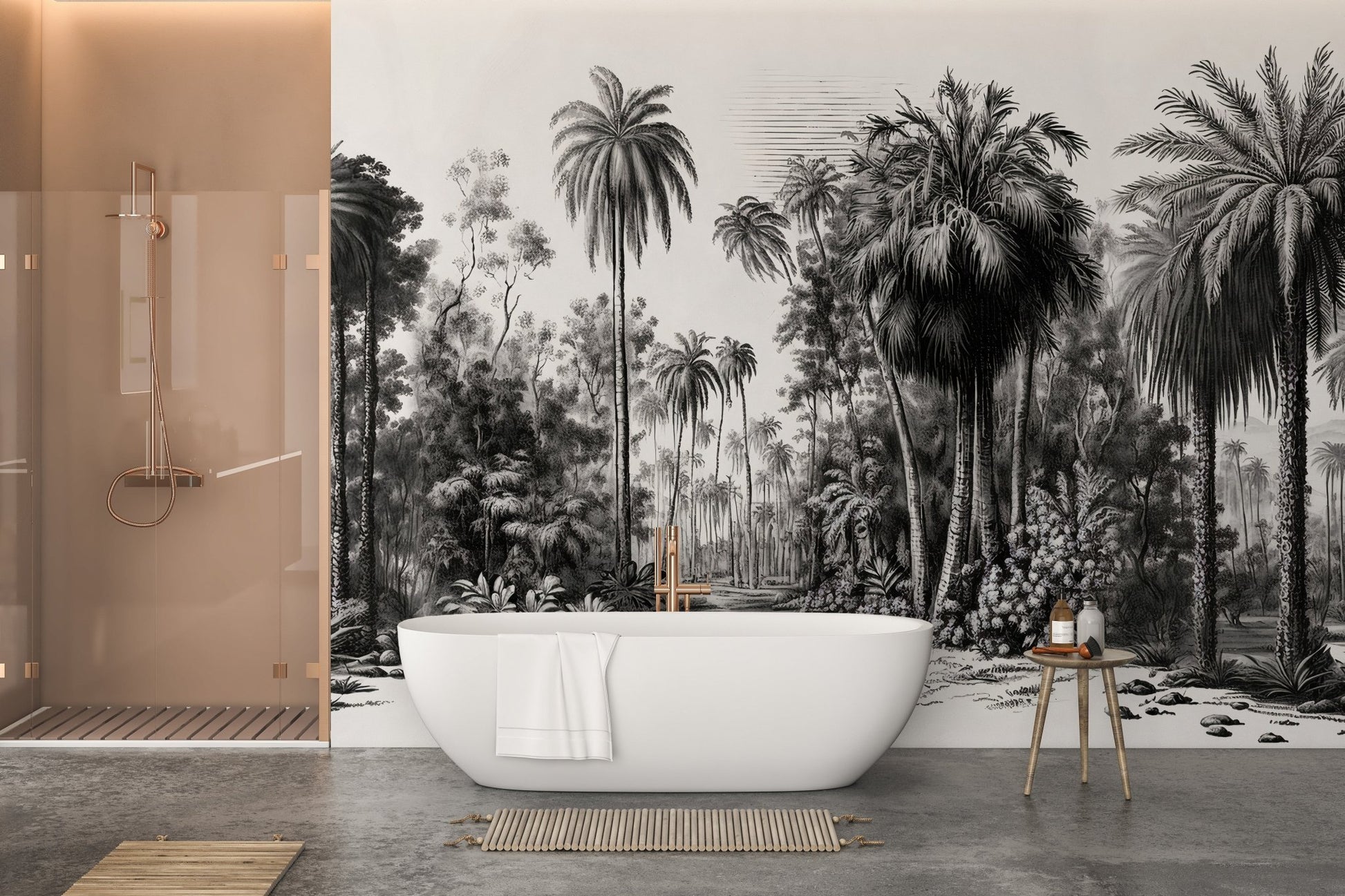 Spa style bathroom with a white tub and a charcoal tropical forest wall mural.