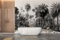 Spa style bathroom with a white tub and a charcoal tropical forest wall mural.
