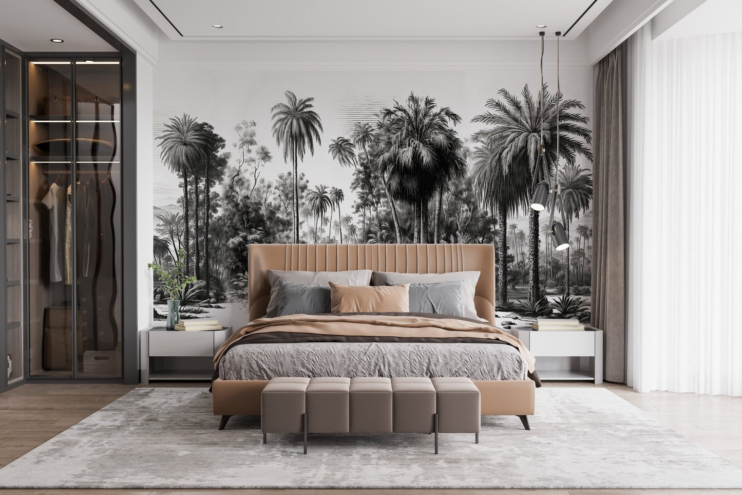 Modern bedroom featuring grey palm trees on a wall mural behind a bed.