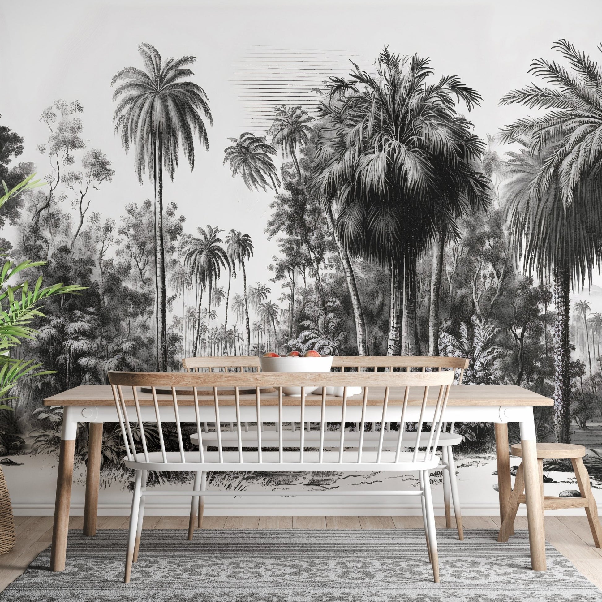 Breakfast nook with a wooden table and a Tropical Gray Forest Wall mural.