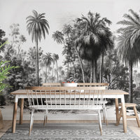 Breakfast nook with a wooden table and a Tropical Gray Forest Wall mural.