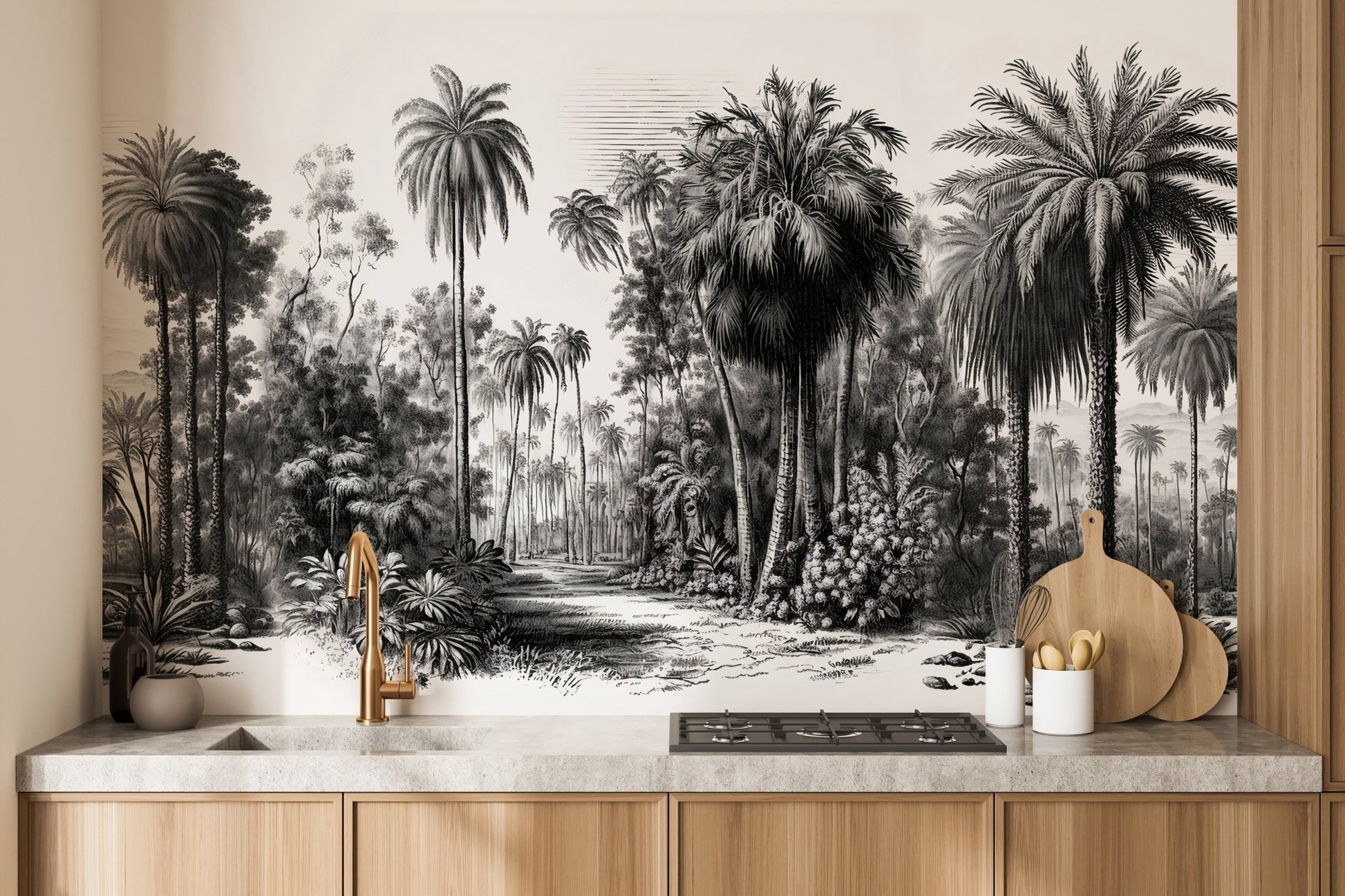 Kitchen backsplash area decorated with a grey scale tropical forest wall mural.