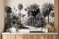 Kitchen backsplash area decorated with a grey scale tropical forest wall mural.