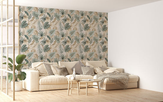 Large living room with a white sofa and a tropical green palm leaf wallpaper.
