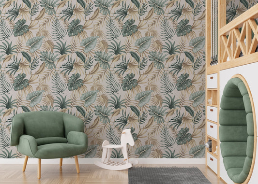Kids room with Tropical Green Foliage Palm Leaves Beige Wallpaper and a green chair.