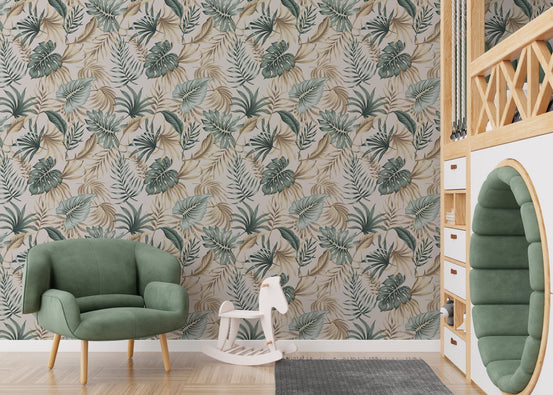 Kids room with Tropical Green Foliage Palm Leaves Beige Wallpaper and a green chair.