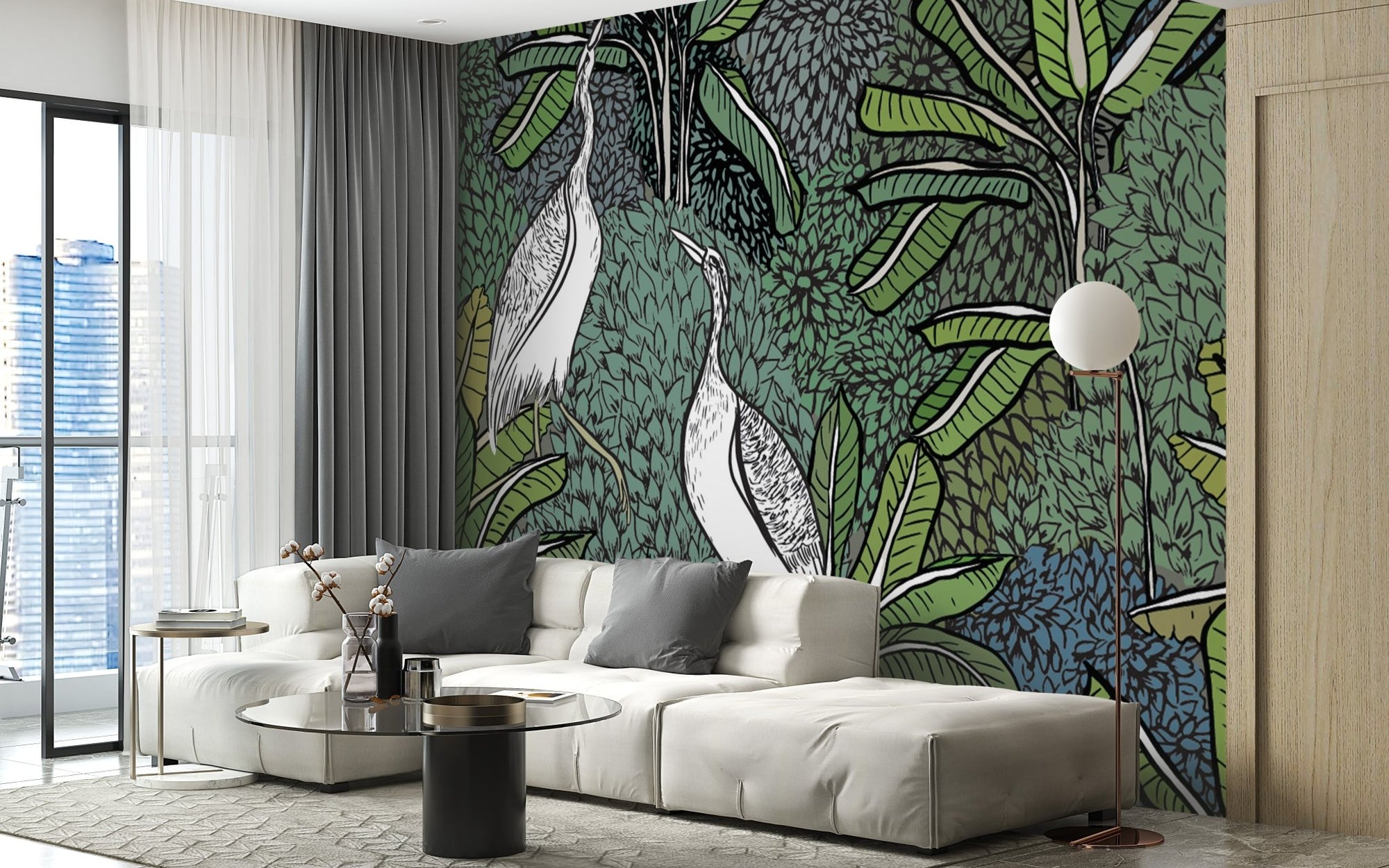 Tropical Greenery with White Cranes Wall Murals in a modern living room.