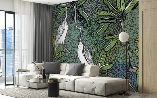 Tropical Greenery with White Cranes Wall Murals in a modern living room.