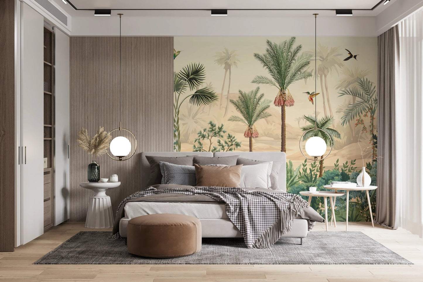 Soft green and beige tropical wall mural in a primary bedroom suite