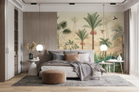 Soft green and beige tropical wall mural in a primary bedroom suite