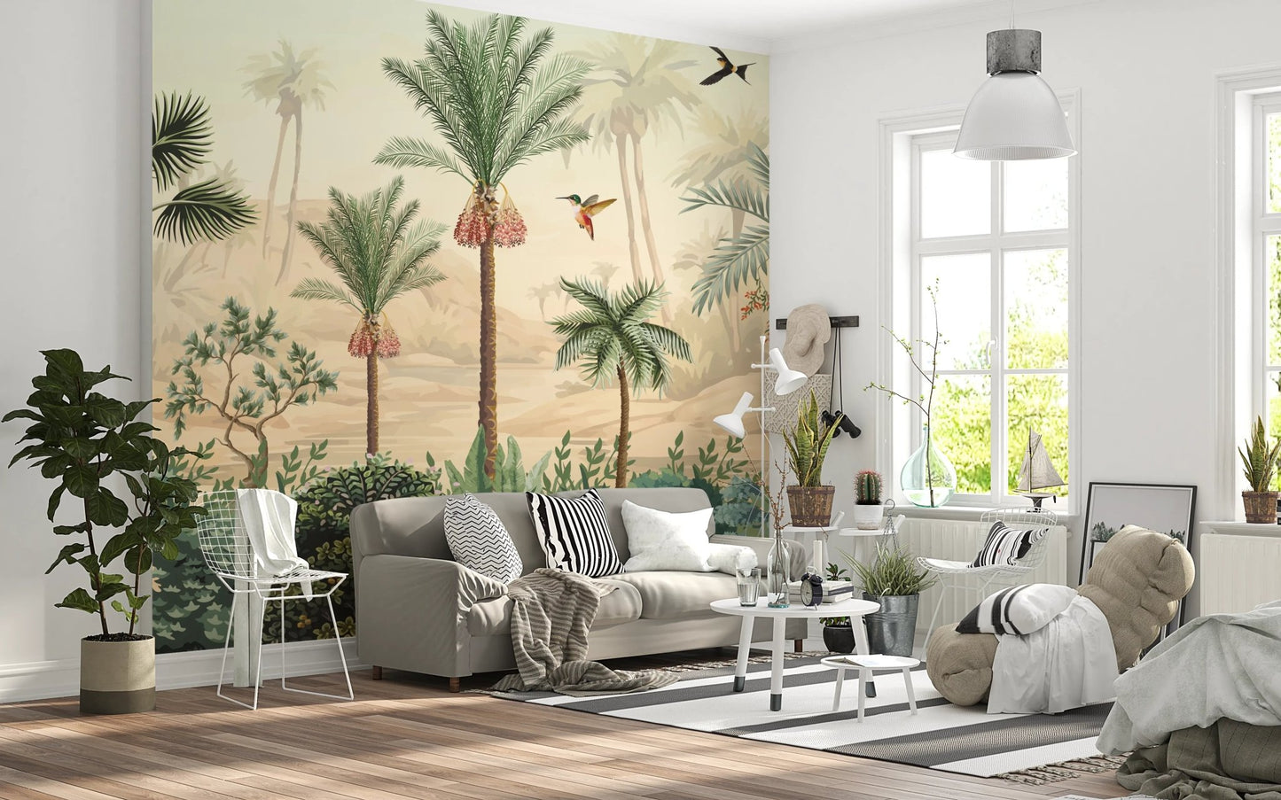 Large tropical wall mural in a bright open plan living area