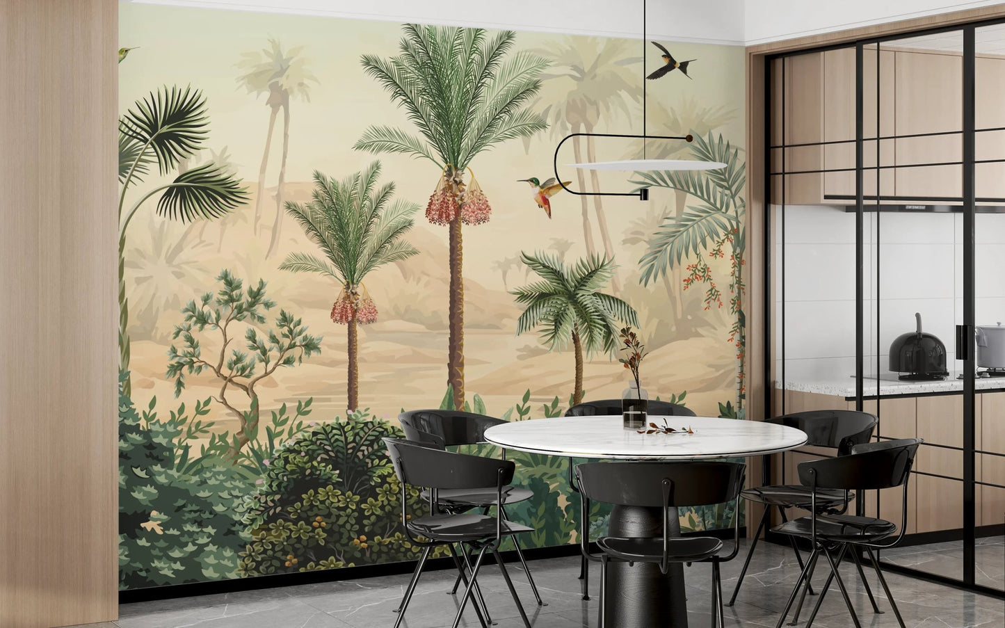 Tropical Haven Wall Mural in a modern kitchen and dining space