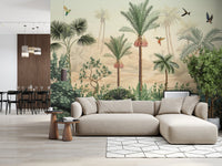 Neutral tone tropical wall mural in a spacious apartment living room