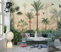 Tropical Palm tree wall mural behind a white crib in a modern nursery