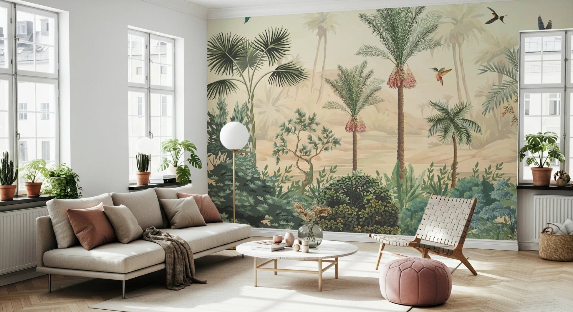Tropical Palm tree wall mural used as a feature wall in a light filled living area.