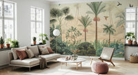 Tropical Palm tree wall mural used as a feature wall in a light filled living area.