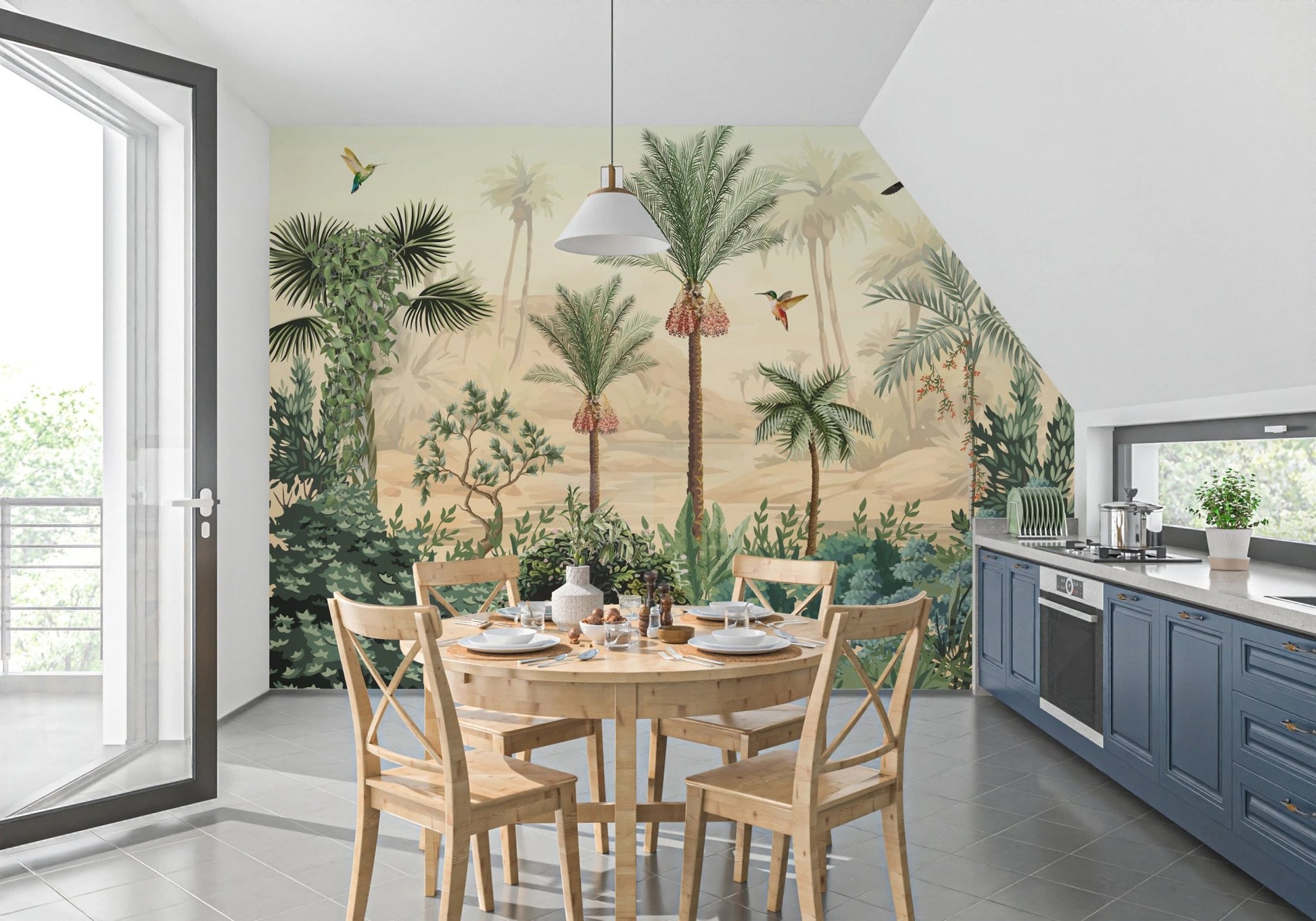 Tropical Haven Wall Mural in a contemporary dining room with wooden furniture
