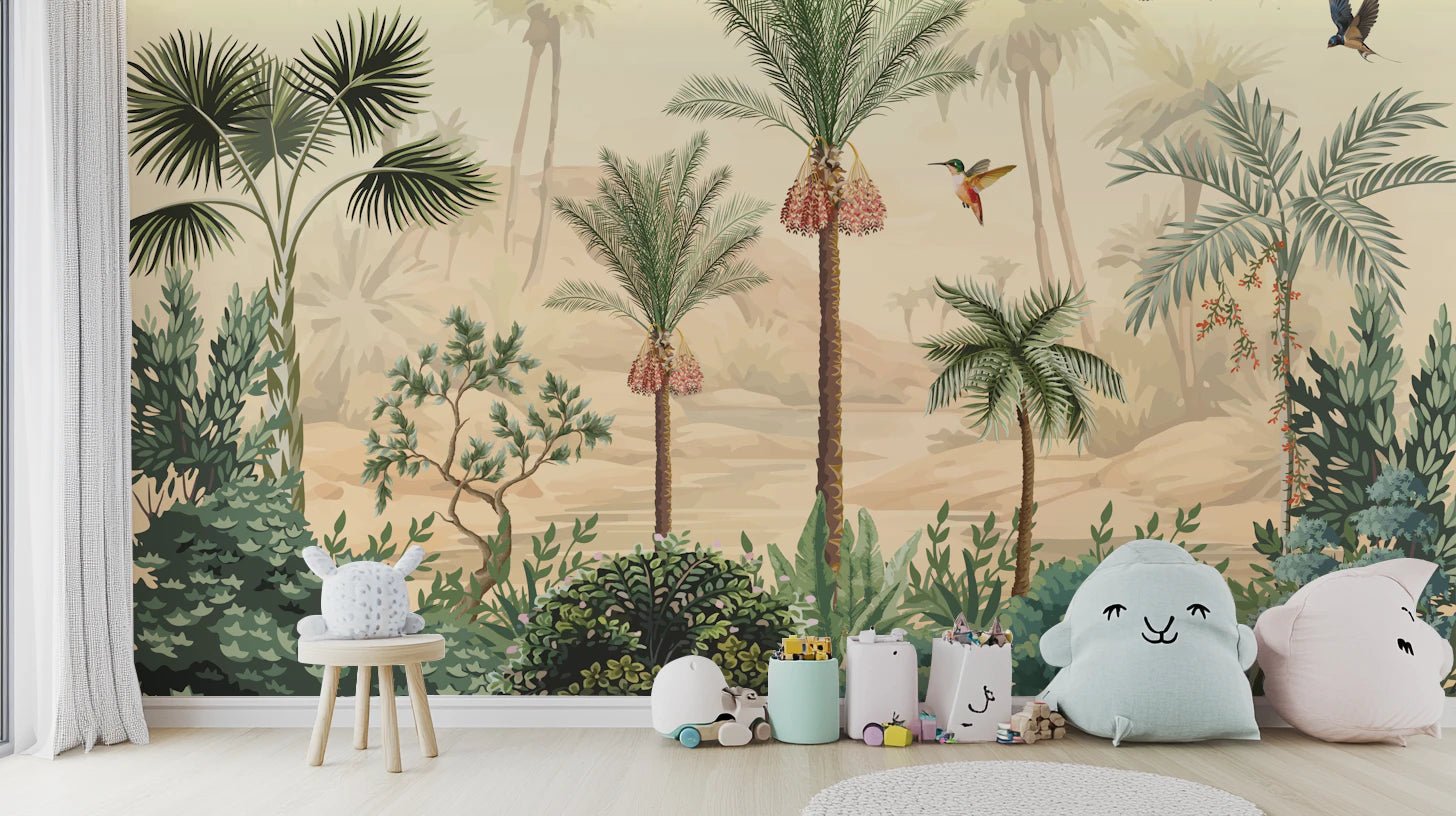 Desert haven wall mural with palm trees in a playroom setting.