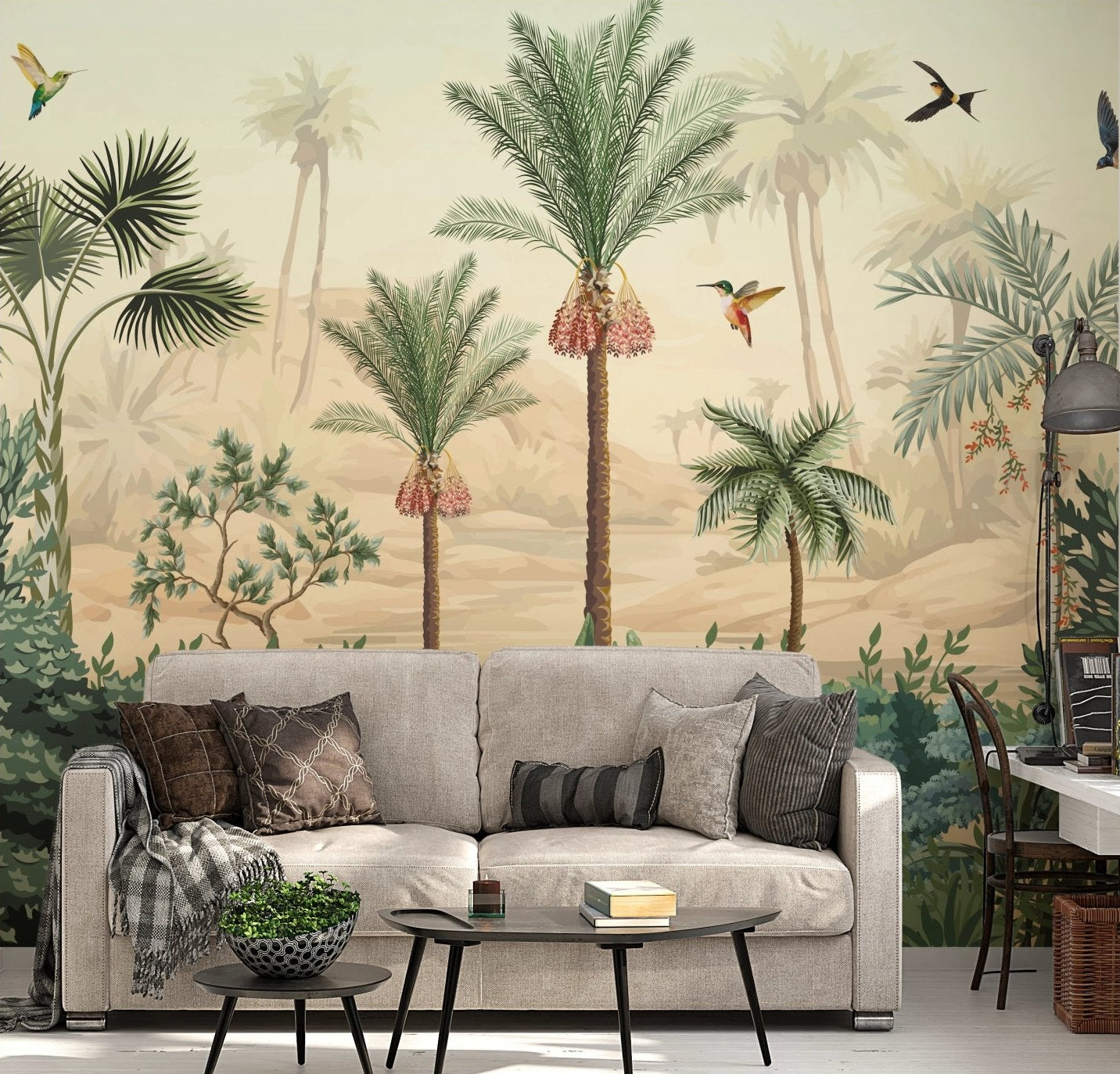 Tropical Haven Wall Mural in a minimalist living room with beige sofa