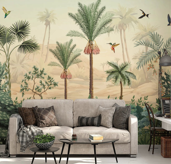 Tropical Haven Wall Mural in a minimalist living room.