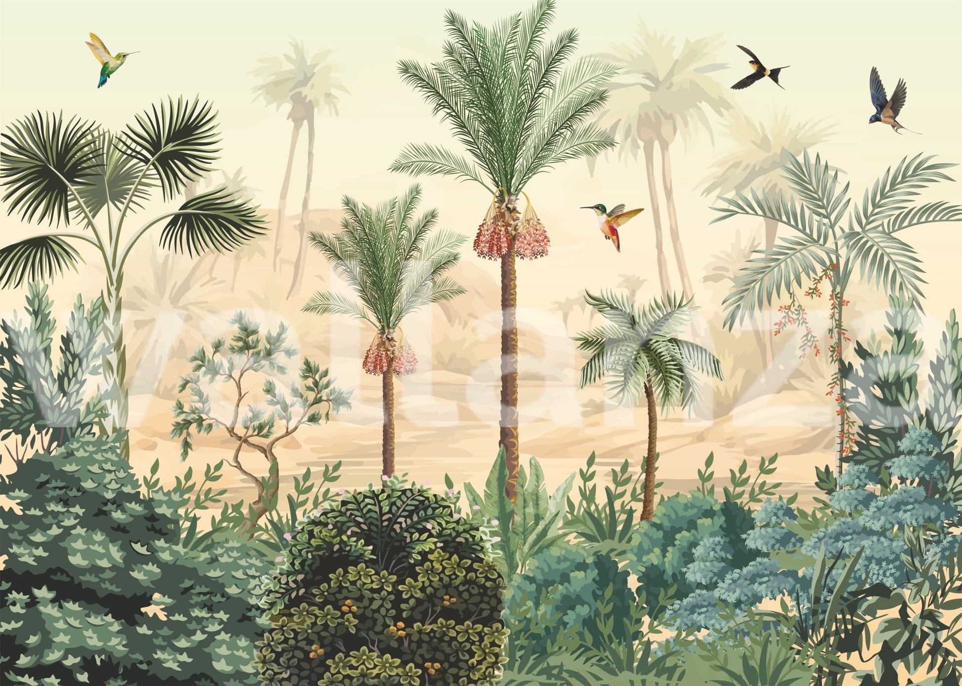 Tropical Haven Wall Mural with palm trees and birds.