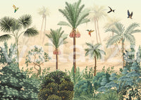 Tropical Haven Wall Mural with palm trees and birds.