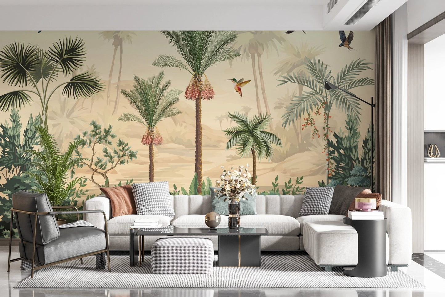 Detailed palm tree haven wall mural in a luxury living area with grey accents
