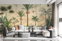 Detailed palm tree haven wall mural in a luxury living area with grey accents