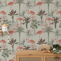 Chic wallpaper featuring tropical palms and flamingo patterns