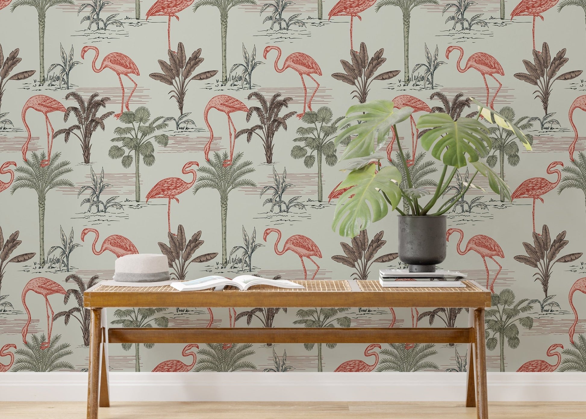 Ink-drawn palm trees and flamingos for elegant wall decor