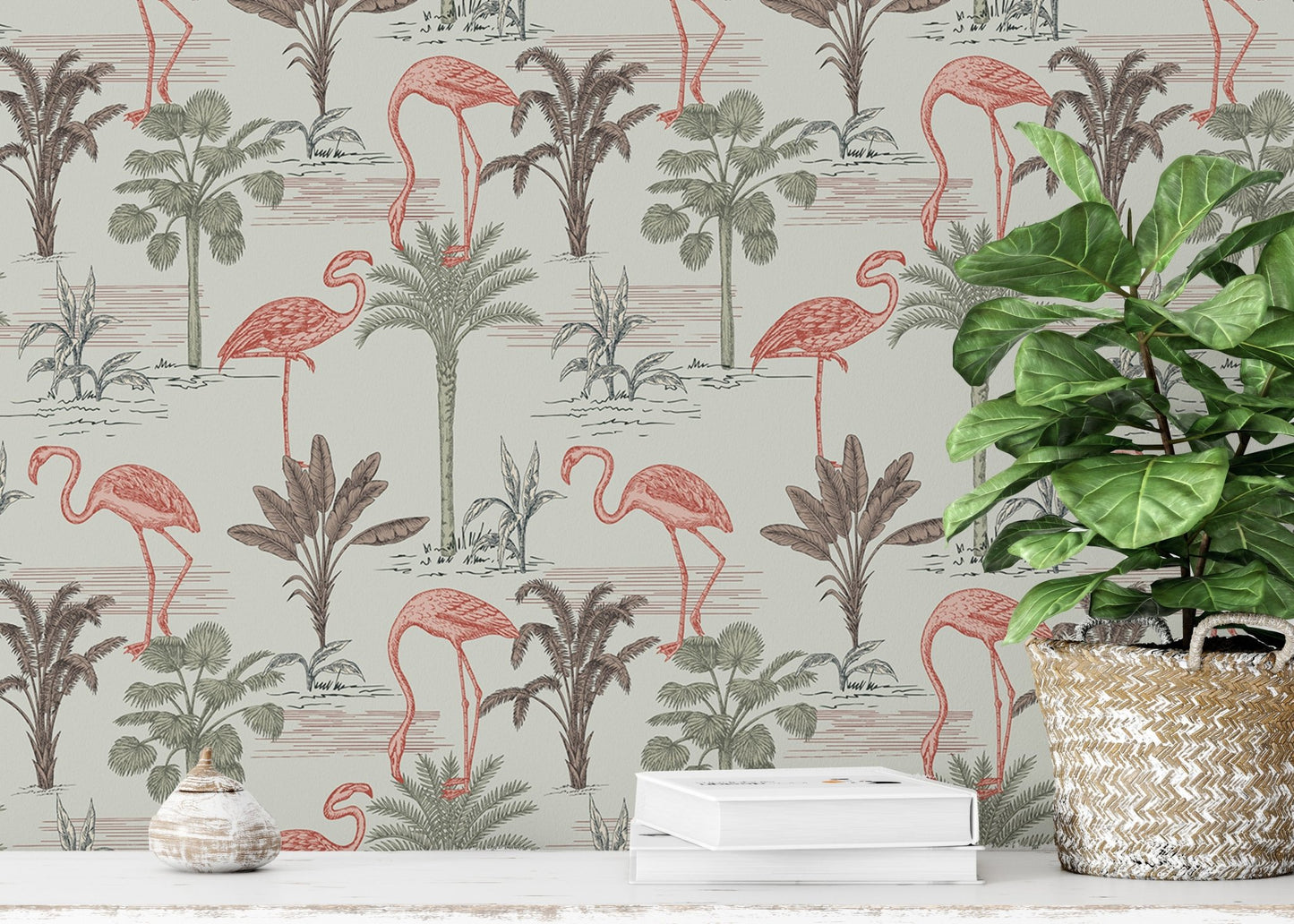 Stylish wallpaper showcasing flamingos and palm tree motifs