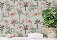 Stylish wallpaper showcasing flamingos and palm tree motifs