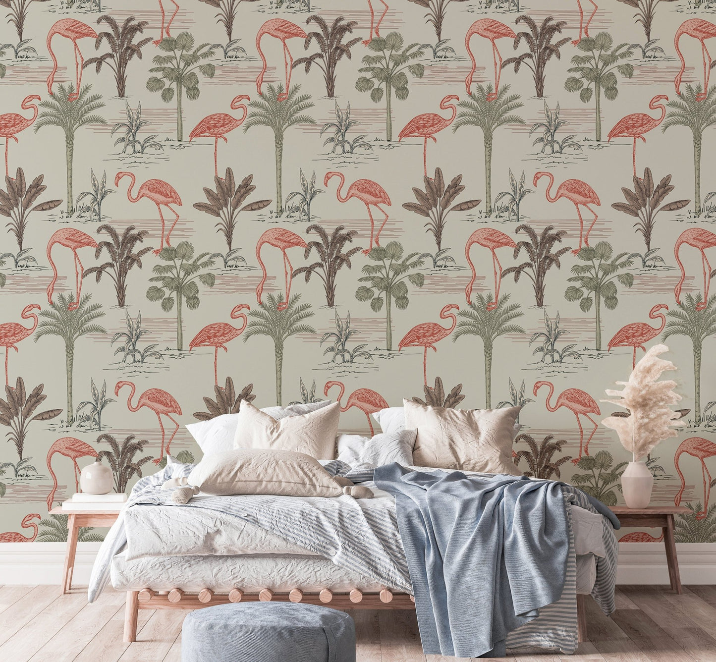 Vibrant pink flamingo wallpaper with tropical floral elements