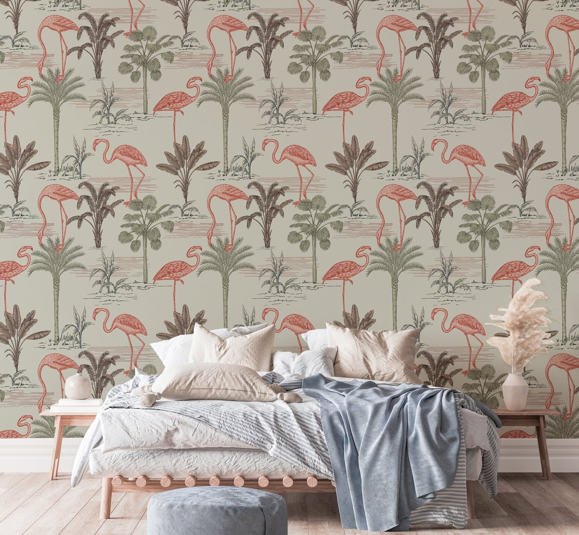 Vibrant pink flamingo wallpaper with tropical floral elements