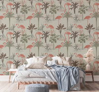 Vibrant pink flamingo wallpaper with tropical floral elements