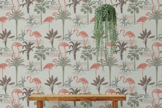 Tropical ink drawn palm trees pink flamingo floral wallpaper on living room wall.