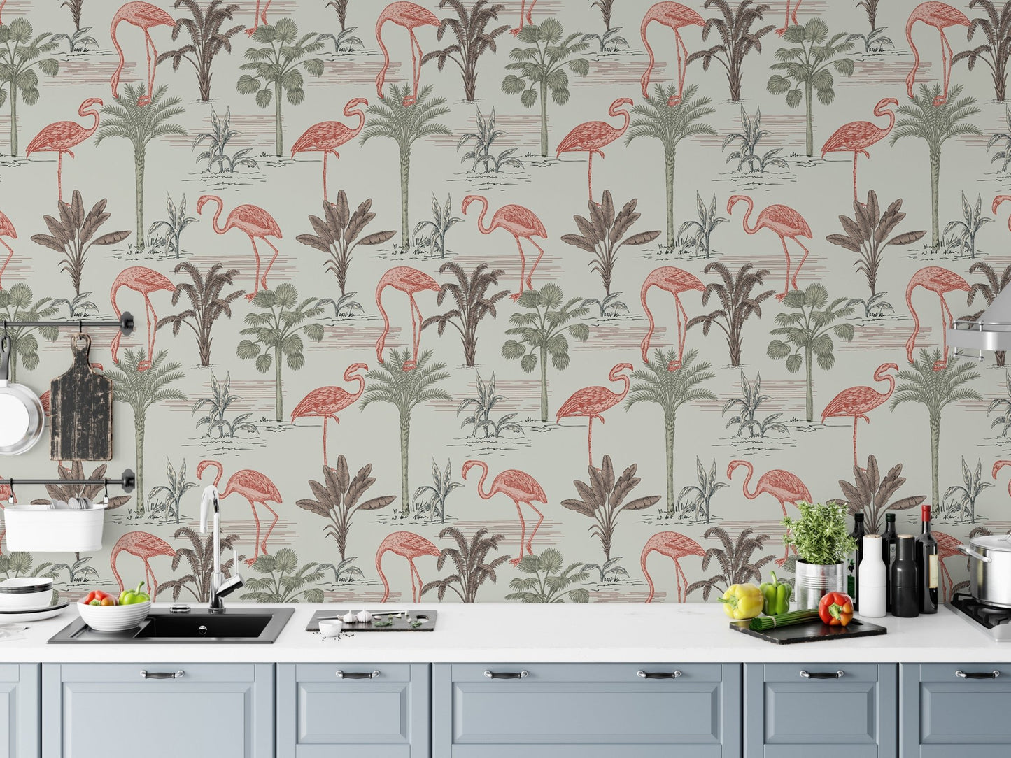 Elegant tropical wallpaper with flamingos and floral accents